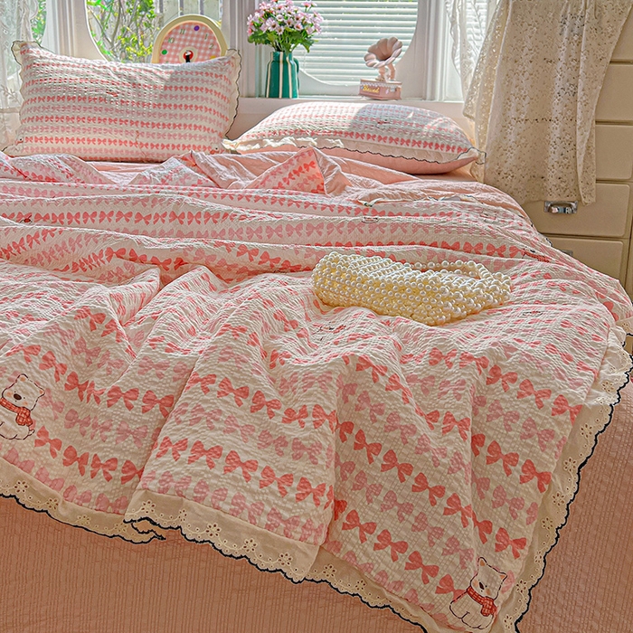 91家纺网 家纺一手货源 找家纺 仟网汇 2026新款法式花边泡芙纱夏被四件套 幸运汪