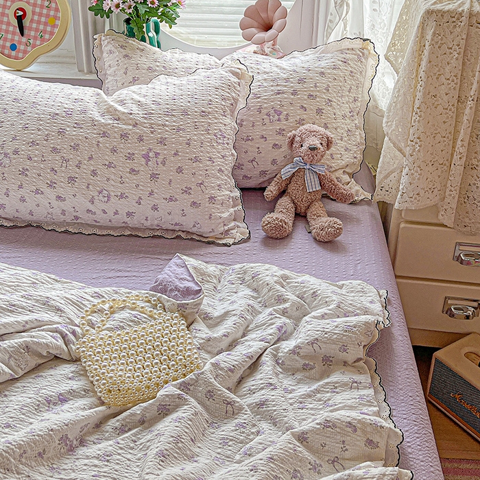 91家纺网 家纺一手货源 找家纺 仟网汇 2026新款法式花边泡芙纱夏被四件套 紫花兔兔