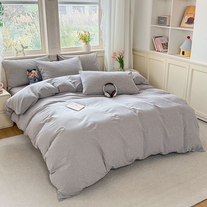 91家纺网 家纺一手货源 找家纺 （总）鑫田家纺 2026新款全棉水洗棉四件套纯棉格子学生宿舍床单三件套床笠套件