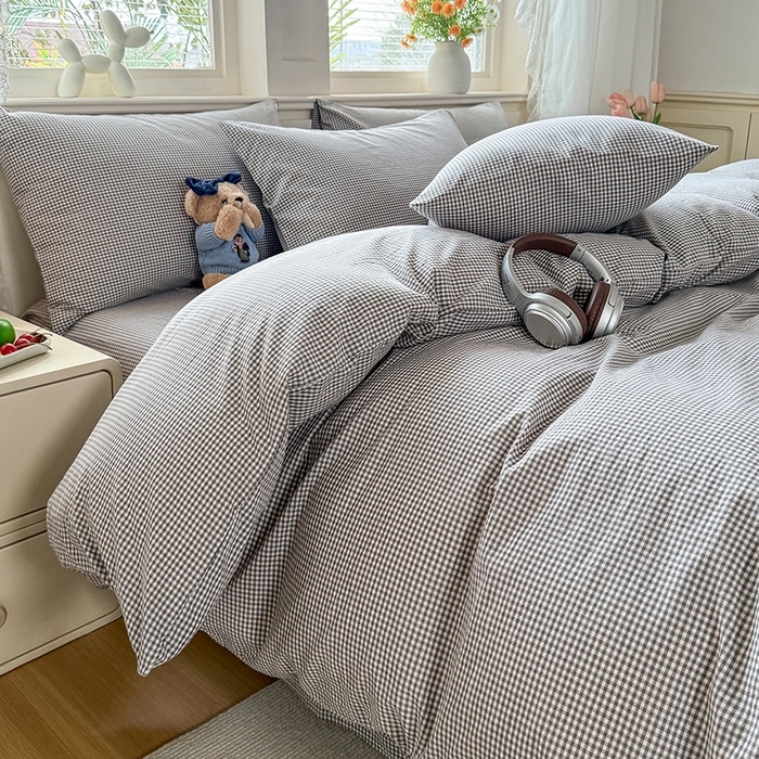 91家纺网 家纺一手货源 找家纺 （总）鑫田家纺 2026新款全棉水洗棉四件套纯棉格子学生宿舍床单三件套床笠套件