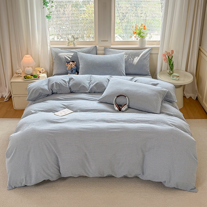 鑫田家纺 2026新款全棉水洗棉四件套纯棉格子学生宿舍床单三件套床笠套件 巴厘岛蓝