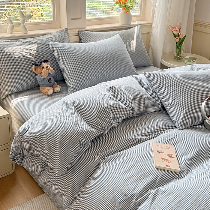 91家纺网 家纺一手货源 找家纺 鑫田家纺 2026新款全棉水洗棉四件套纯棉格子学生宿舍床单三件套床笠套件 巴厘岛蓝