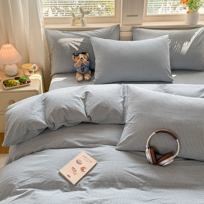 91家纺网 家纺一手货源 找家纺 鑫田家纺 2026新款全棉水洗棉四件套纯棉格子学生宿舍床单三件套床笠套件 巴厘岛蓝