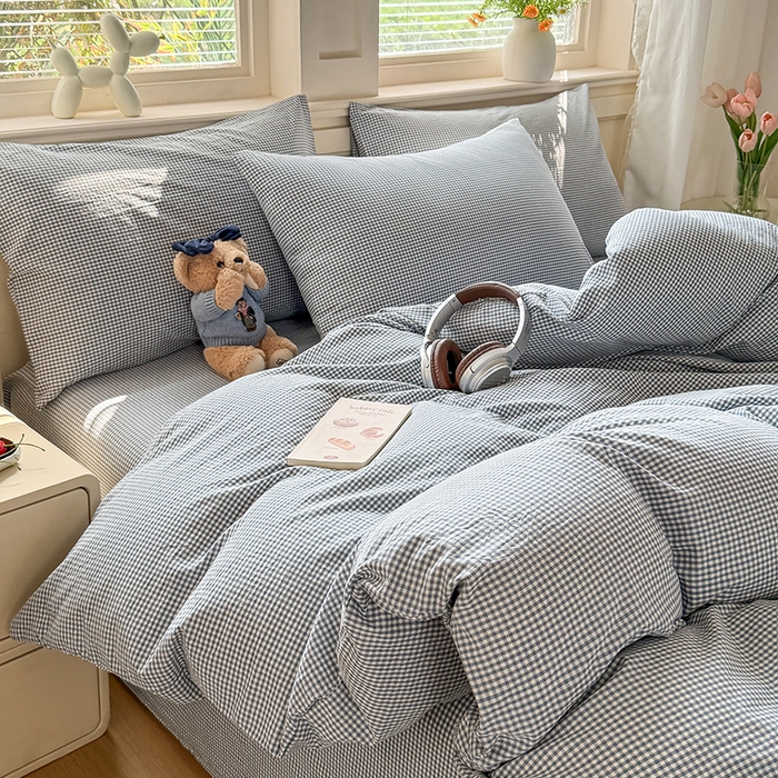 91家纺网 家纺一手货源 找家纺 鑫田家纺 2026新款全棉水洗棉四件套纯棉格子学生宿舍床单三件套床笠套件 巴厘岛蓝