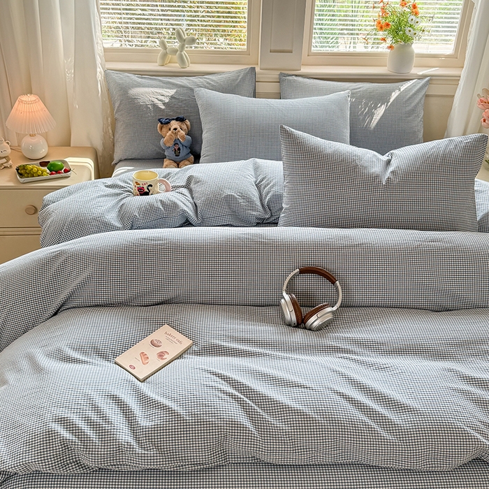 91家纺网 家纺一手货源 找家纺 鑫田家纺 2026新款全棉水洗棉四件套纯棉格子学生宿舍床单三件套床笠套件 巴厘岛蓝