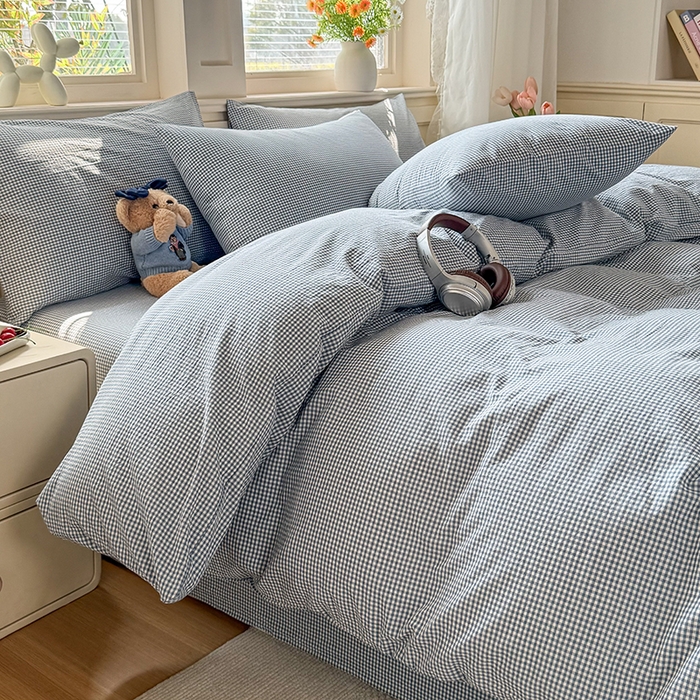 91家纺网 家纺一手货源 找家纺 鑫田家纺 2026新款全棉水洗棉四件套纯棉格子学生宿舍床单三件套床笠套件 巴厘岛蓝