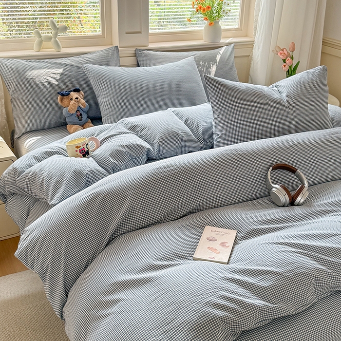 91家纺网 家纺一手货源 找家纺 鑫田家纺 2026新款全棉水洗棉四件套纯棉格子学生宿舍床单三件套床笠套件 巴厘岛蓝