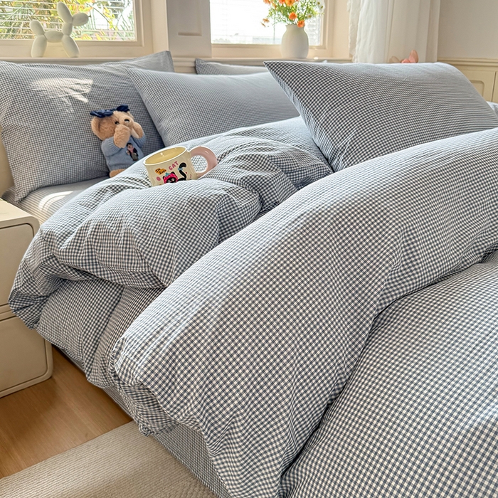 91家纺网 家纺一手货源 找家纺 鑫田家纺 2026新款全棉水洗棉四件套纯棉格子学生宿舍床单三件套床笠套件 巴厘岛蓝