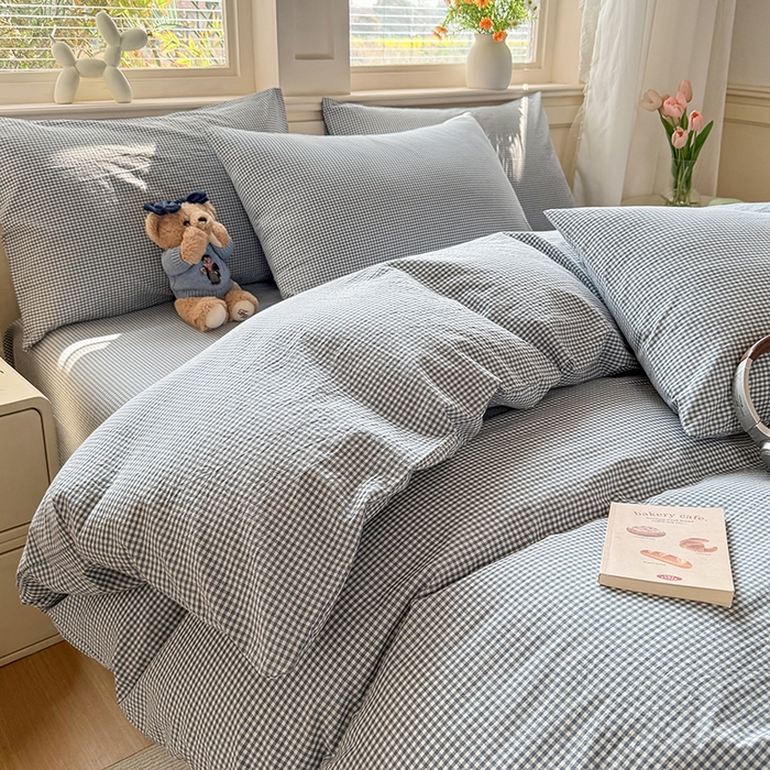 91家纺网 家纺一手货源 找家纺 鑫田家纺 2026新款全棉水洗棉四件套纯棉格子学生宿舍床单三件套床笠套件 巴厘岛蓝