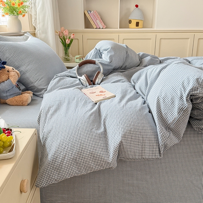 91家纺网 家纺一手货源 找家纺 鑫田家纺 2026新款全棉水洗棉四件套纯棉格子学生宿舍床单三件套床笠套件 巴厘岛蓝