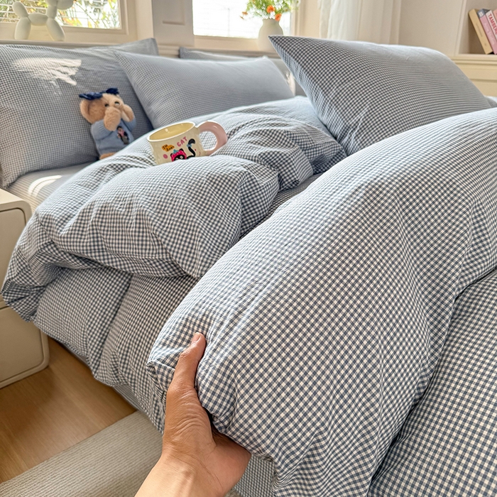 91家纺网 家纺一手货源 找家纺 鑫田家纺 2026新款全棉水洗棉四件套纯棉格子学生宿舍床单三件套床笠套件 巴厘岛蓝