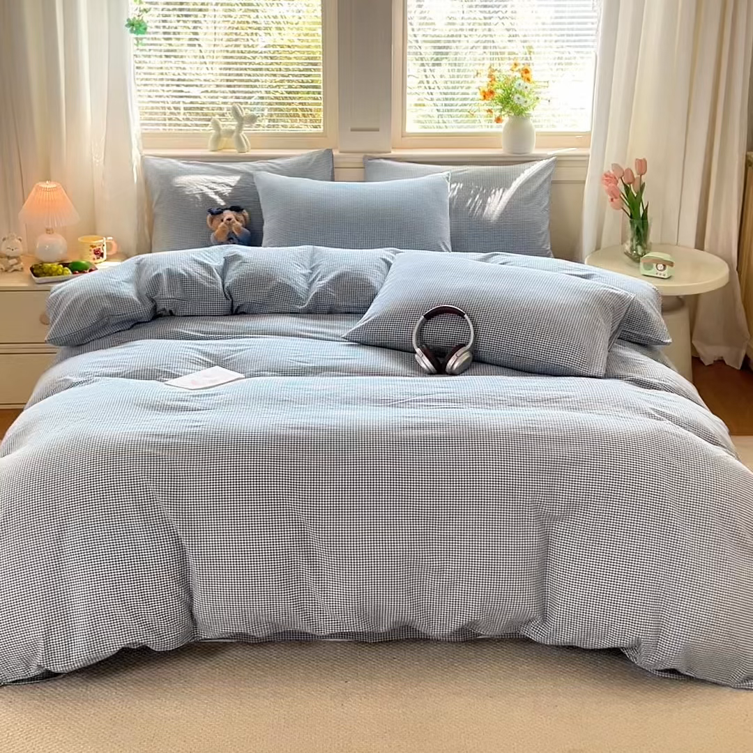 91家纺网 家纺一手货源 找家纺 鑫田家纺 2026新款全棉水洗棉四件套纯棉格子学生宿舍床单三件套床笠套件 巴厘岛蓝