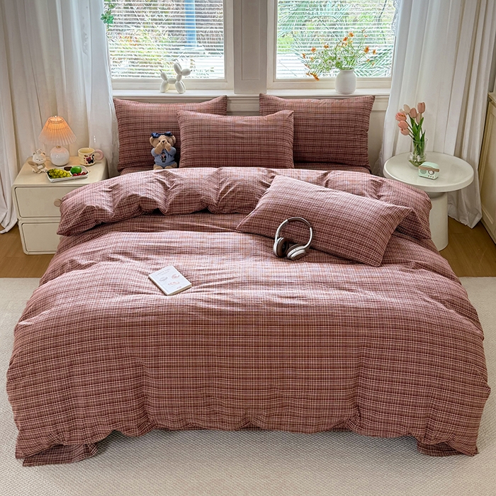 鑫田家纺 2026新款全棉水洗棉四件套纯棉格子学生宿舍床单三件套床笠套件 沉香-红棕