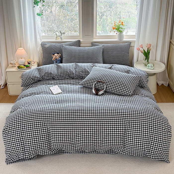 鑫田家纺 2026新款全棉水洗棉四件套纯棉格子学生宿舍床单三件套床笠套件 黑白小格