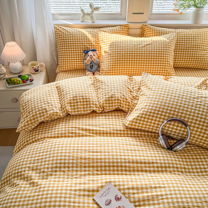 91家纺网 家纺一手货源 找家纺 鑫田家纺 2026新款全棉水洗棉四件套纯棉格子学生宿舍床单三件套床笠套件 黄小格