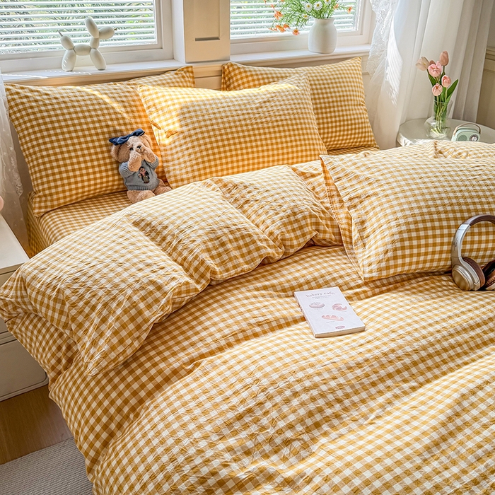 91家纺网 家纺一手货源 找家纺 鑫田家纺 2026新款全棉水洗棉四件套纯棉格子学生宿舍床单三件套床笠套件 黄小格