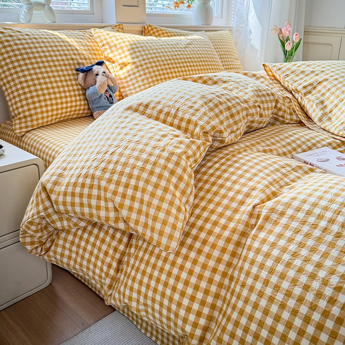 91家纺网 家纺一手货源 找家纺 鑫田家纺 2026新款全棉水洗棉四件套纯棉格子学生宿舍床单三件套床笠套件 黄小格