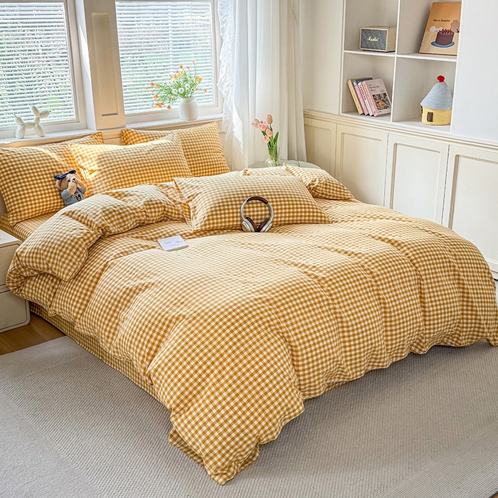 91家纺网 家纺一手货源 找家纺 鑫田家纺 2026新款全棉水洗棉四件套纯棉格子学生宿舍床单三件套床笠套件 黄小格