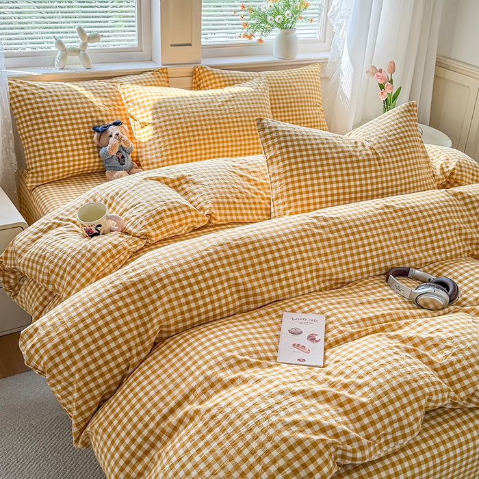 91家纺网 家纺一手货源 找家纺 鑫田家纺 2026新款全棉水洗棉四件套纯棉格子学生宿舍床单三件套床笠套件 黄小格
