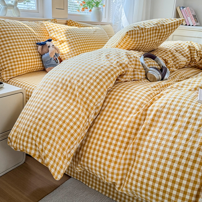 91家纺网 家纺一手货源 找家纺 鑫田家纺 2026新款全棉水洗棉四件套纯棉格子学生宿舍床单三件套床笠套件 黄小格