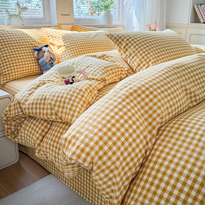91家纺网 家纺一手货源 找家纺 鑫田家纺 2026新款全棉水洗棉四件套纯棉格子学生宿舍床单三件套床笠套件 黄小格