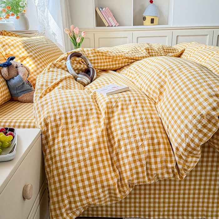 91家纺网 家纺一手货源 找家纺 鑫田家纺 2026新款全棉水洗棉四件套纯棉格子学生宿舍床单三件套床笠套件 黄小格