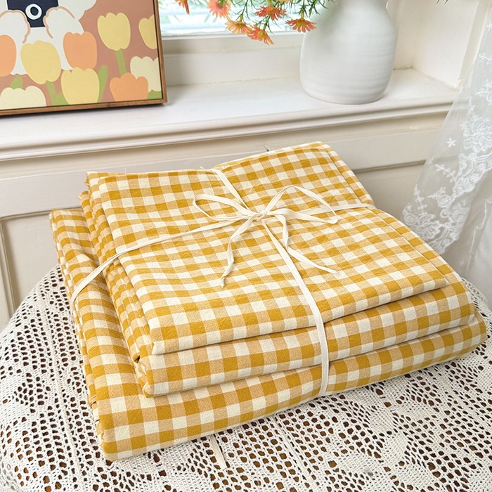 91家纺网 家纺一手货源 找家纺 鑫田家纺 2026新款全棉水洗棉四件套纯棉格子学生宿舍床单三件套床笠套件 黄小格