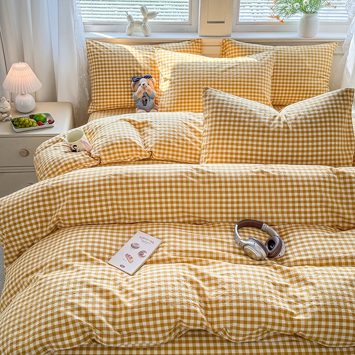 91家纺网 家纺一手货源 找家纺 鑫田家纺 2026新款全棉水洗棉四件套纯棉格子学生宿舍床单三件套床笠套件 黄小格