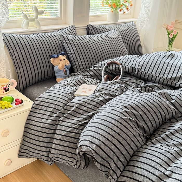 91家纺网 家纺一手货源 找家纺 鑫田家纺 2026新款全棉水洗棉四件套纯棉格子学生宿舍床单三件套床笠套件 灰川条纹