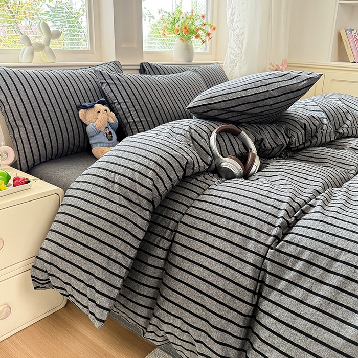 91家纺网 家纺一手货源 找家纺 鑫田家纺 2026新款全棉水洗棉四件套纯棉格子学生宿舍床单三件套床笠套件 灰川条纹