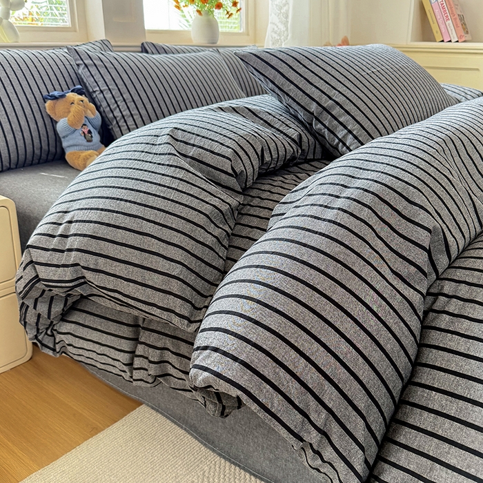 91家纺网 家纺一手货源 找家纺 鑫田家纺 2026新款全棉水洗棉四件套纯棉格子学生宿舍床单三件套床笠套件 灰川条纹