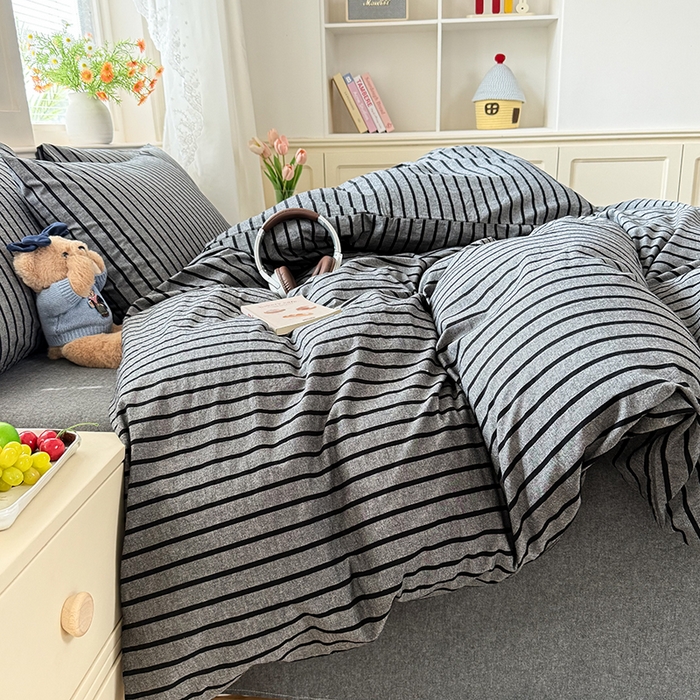 91家纺网 家纺一手货源 找家纺 鑫田家纺 2026新款全棉水洗棉四件套纯棉格子学生宿舍床单三件套床笠套件 灰川条纹