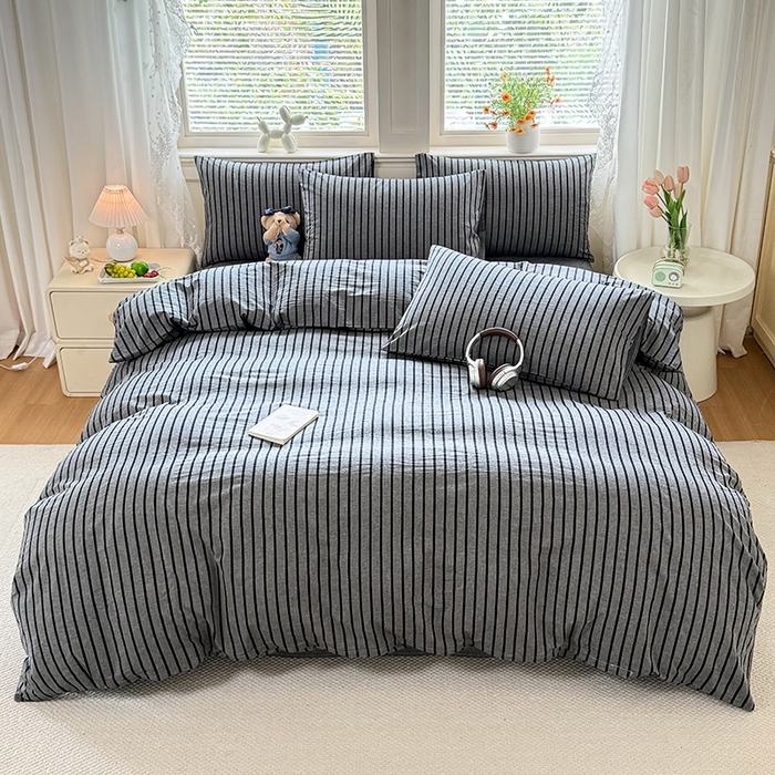 鑫田家纺 2026新款全棉水洗棉四件套纯棉格子学生宿舍床单三件套床笠套件 灰川条纹