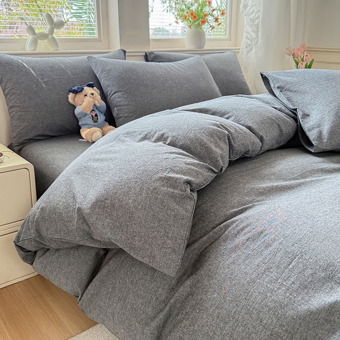 91家纺网 家纺一手货源 找家纺 鑫田家纺 2026新款全棉水洗棉四件套纯棉格子学生宿舍床单三件套床笠套件 雾灰