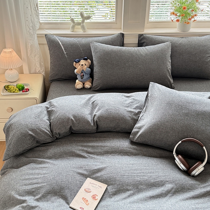 91家纺网 家纺一手货源 找家纺 鑫田家纺 2026新款全棉水洗棉四件套纯棉格子学生宿舍床单三件套床笠套件 雾灰