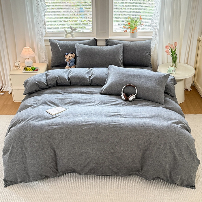 鑫田家纺 2026新款全棉水洗棉四件套纯棉格子学生宿舍床单三件套床笠套件 雾灰