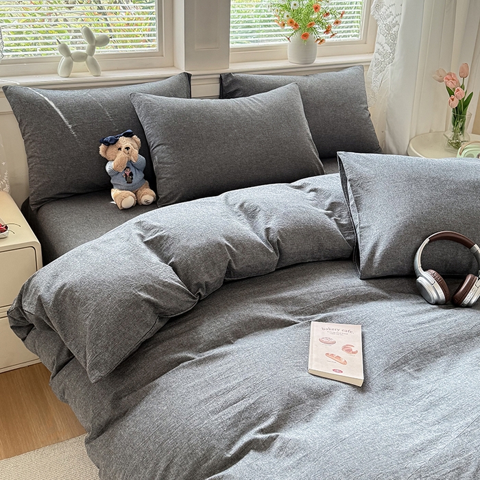 91家纺网 家纺一手货源 找家纺 鑫田家纺 2026新款全棉水洗棉四件套纯棉格子学生宿舍床单三件套床笠套件 雾灰