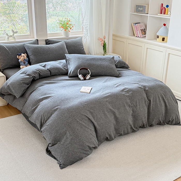 91家纺网 家纺一手货源 找家纺 鑫田家纺 2026新款全棉水洗棉四件套纯棉格子学生宿舍床单三件套床笠套件 雾灰