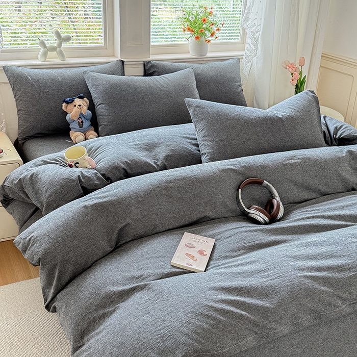 91家纺网 家纺一手货源 找家纺 鑫田家纺 2026新款全棉水洗棉四件套纯棉格子学生宿舍床单三件套床笠套件 雾灰