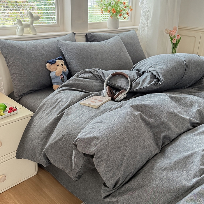 91家纺网 家纺一手货源 找家纺 鑫田家纺 2026新款全棉水洗棉四件套纯棉格子学生宿舍床单三件套床笠套件 雾灰