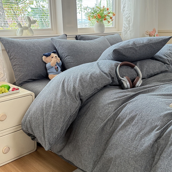 91家纺网 家纺一手货源 找家纺 鑫田家纺 2026新款全棉水洗棉四件套纯棉格子学生宿舍床单三件套床笠套件 雾灰