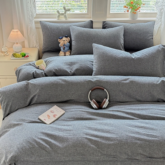 91家纺网 家纺一手货源 找家纺 鑫田家纺 2026新款全棉水洗棉四件套纯棉格子学生宿舍床单三件套床笠套件 雾灰