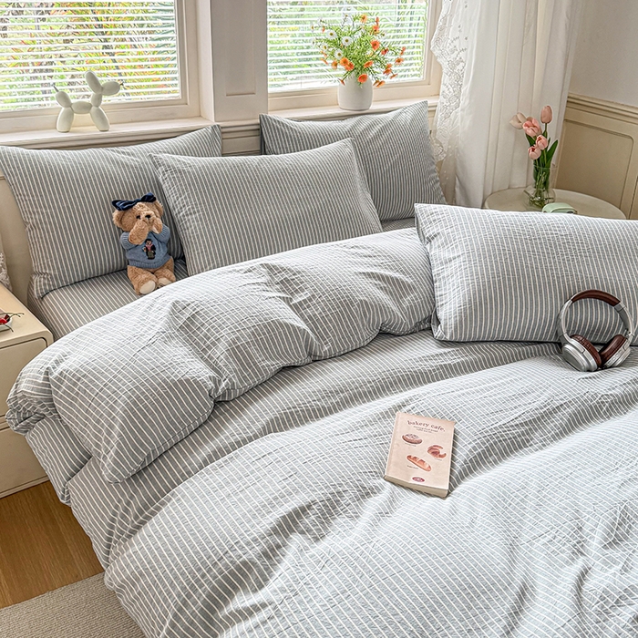 91家纺网 家纺一手货源 找家纺 鑫田家纺 2026新款全棉水洗棉四件套纯棉格子学生宿舍床单三件套床笠套件 英伦派兰