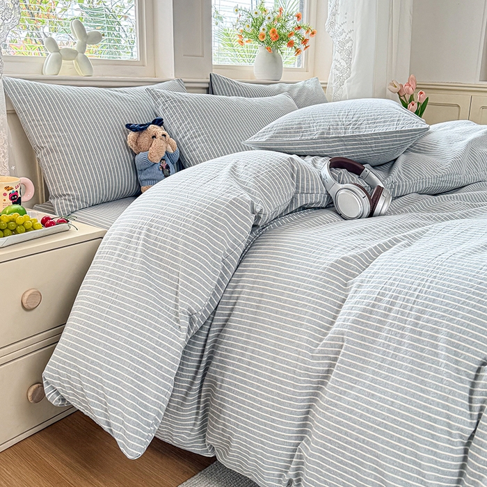 91家纺网 家纺一手货源 找家纺 鑫田家纺 2026新款全棉水洗棉四件套纯棉格子学生宿舍床单三件套床笠套件 英伦派兰