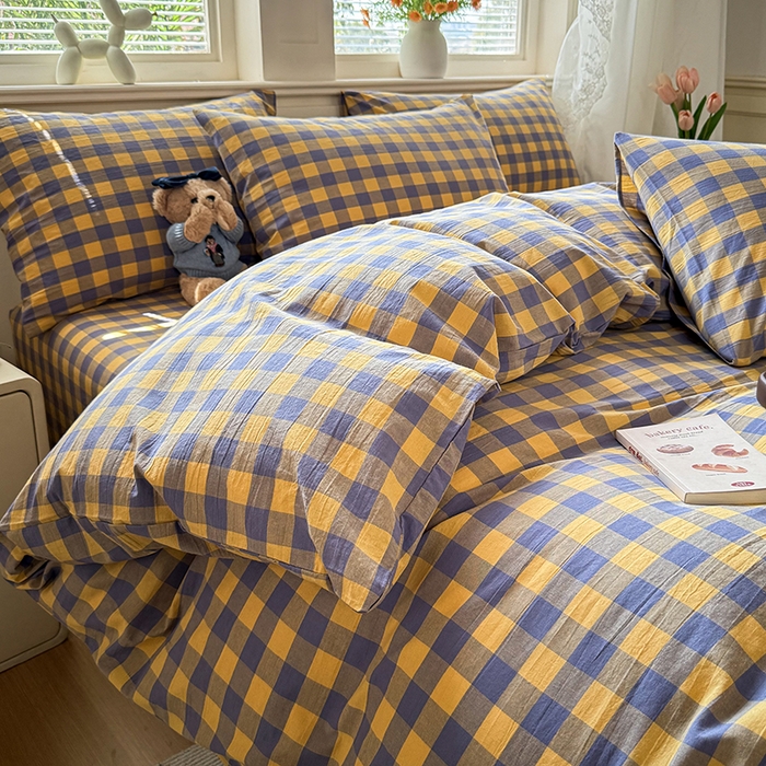 91家纺网 家纺一手货源 找家纺 鑫田家纺 2026新款全棉水洗棉四件套纯棉格子学生宿舍床单三件套床笠套件 紫黄格