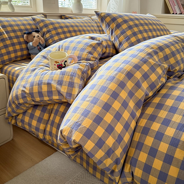 91家纺网 家纺一手货源 找家纺 鑫田家纺 2026新款全棉水洗棉四件套纯棉格子学生宿舍床单三件套床笠套件 紫黄格