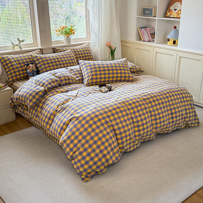 91家纺网 家纺一手货源 找家纺 鑫田家纺 2026新款全棉水洗棉四件套纯棉格子学生宿舍床单三件套床笠套件 紫黄格