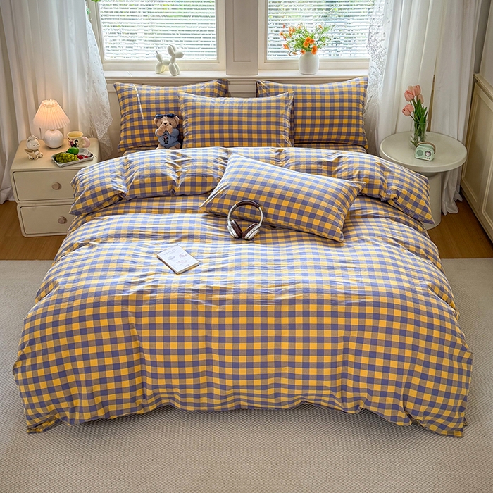 鑫田家纺 2026新款全棉水洗棉四件套纯棉格子学生宿舍床单三件套床笠套件 紫黄格
