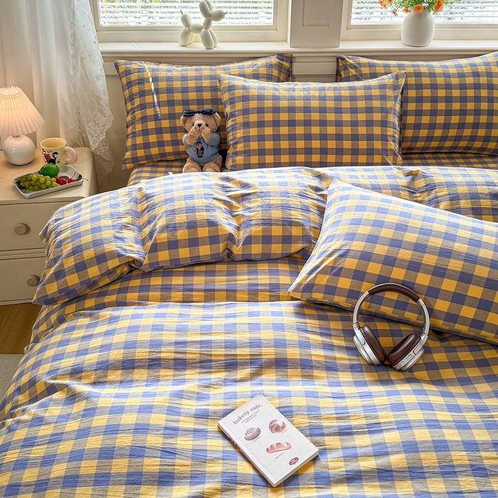 91家纺网 家纺一手货源 找家纺 鑫田家纺 2026新款全棉水洗棉四件套纯棉格子学生宿舍床单三件套床笠套件 紫黄格