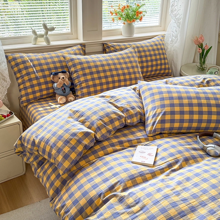 91家纺网 家纺一手货源 找家纺 鑫田家纺 2026新款全棉水洗棉四件套纯棉格子学生宿舍床单三件套床笠套件 紫黄格